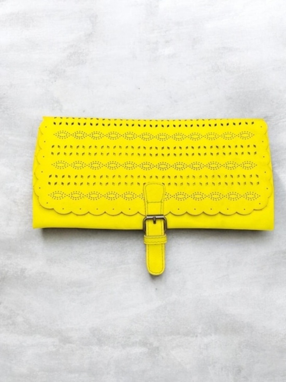 Genuine leather neon yellow cut out design clutch. New